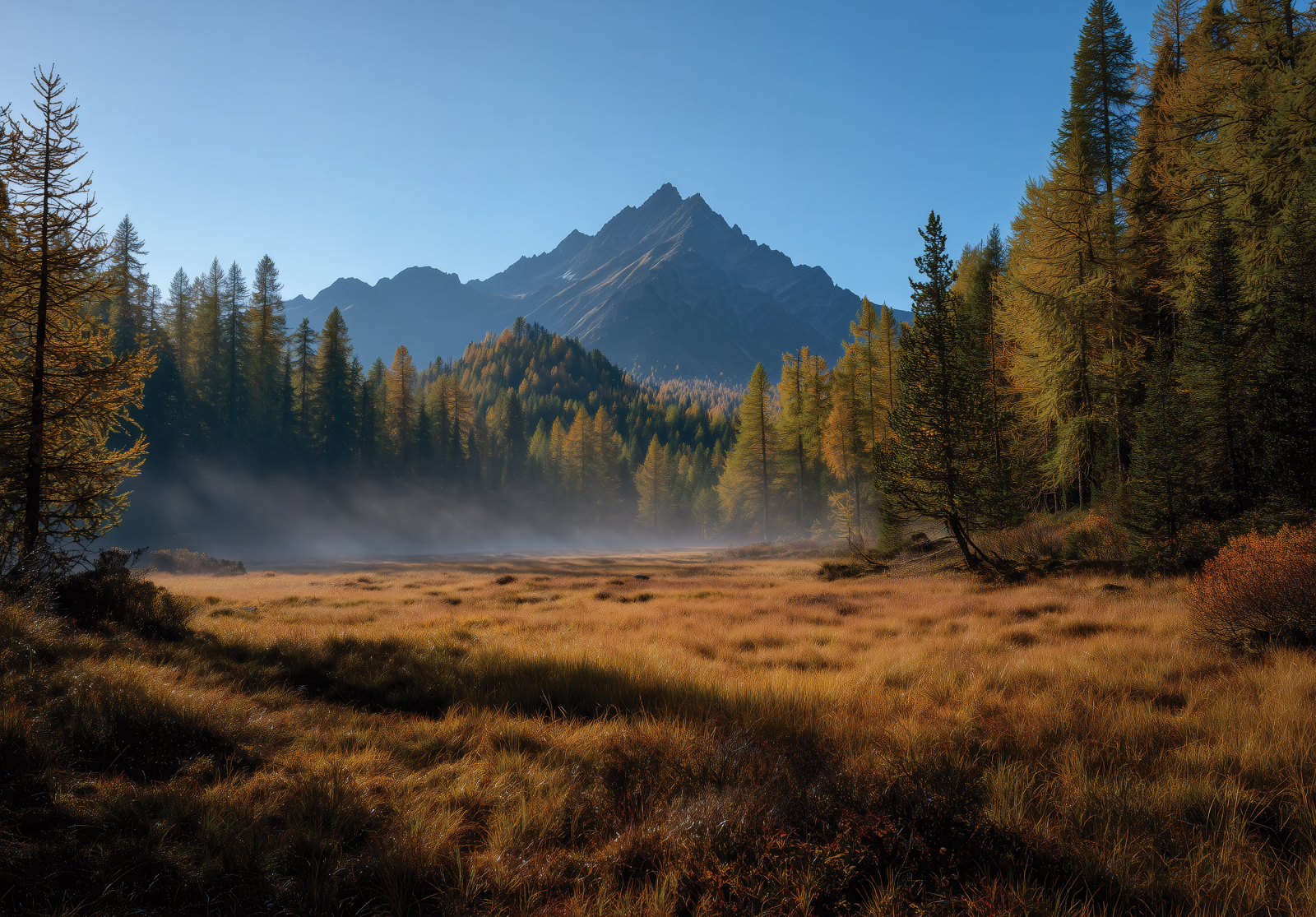 Фототапет Планински пейзаж с утринна мъгла и есенна гора